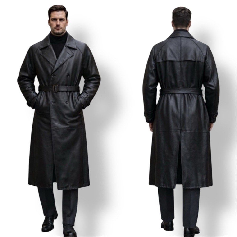 Giorgio Fellini Men’s Leather Trench Coat Black Belted Size 3XL